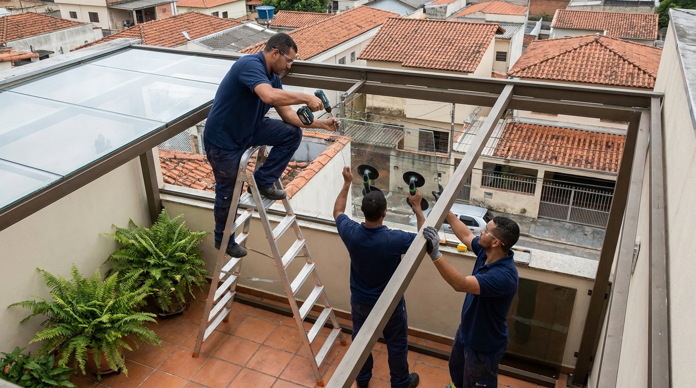 Cobertura de vidro em terraço com telhados em Canoas-RS