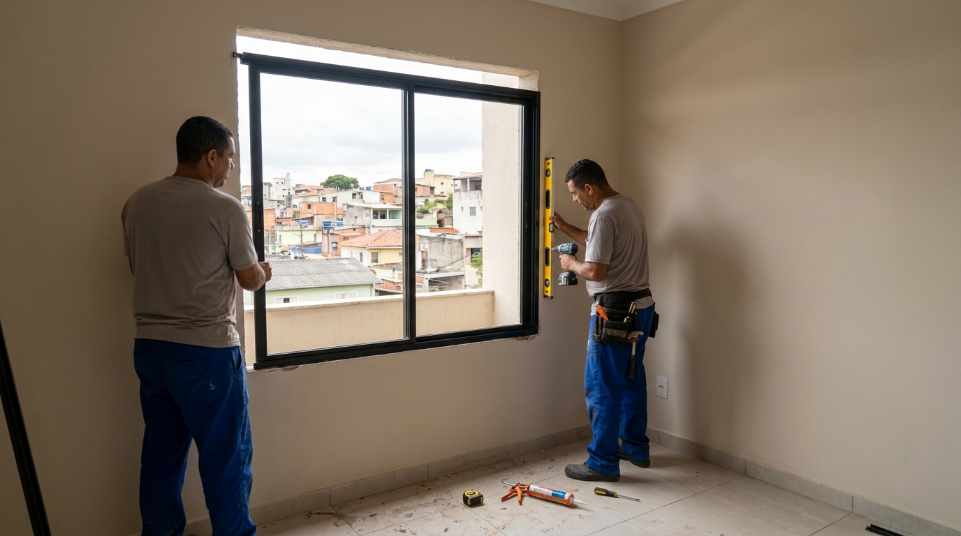 Esquadria de alumínio em quarto bege em Canoas-RS