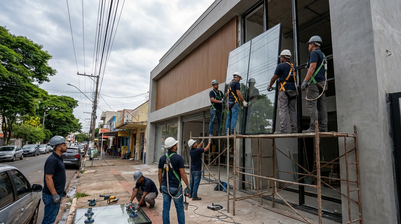 Fachada de vidro com andaime lateral em Canoas-RS