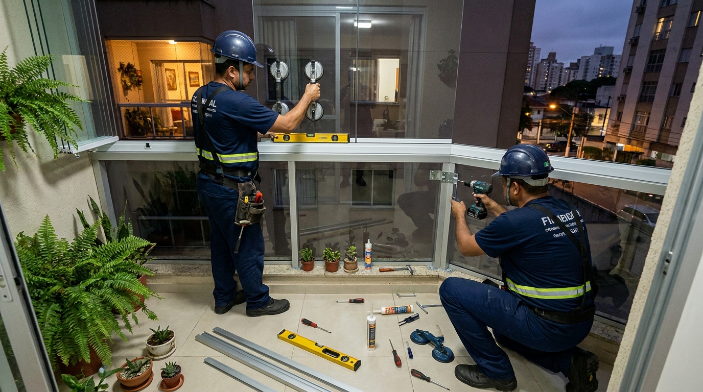 Instalação noturna de parede de vidro em Canoas-RS
