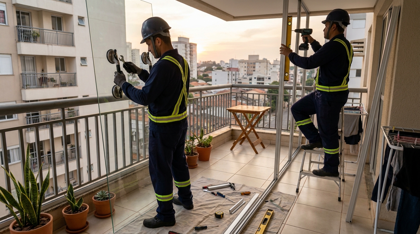 Instalação de parede de vidro em sacada em Canoas-RS
