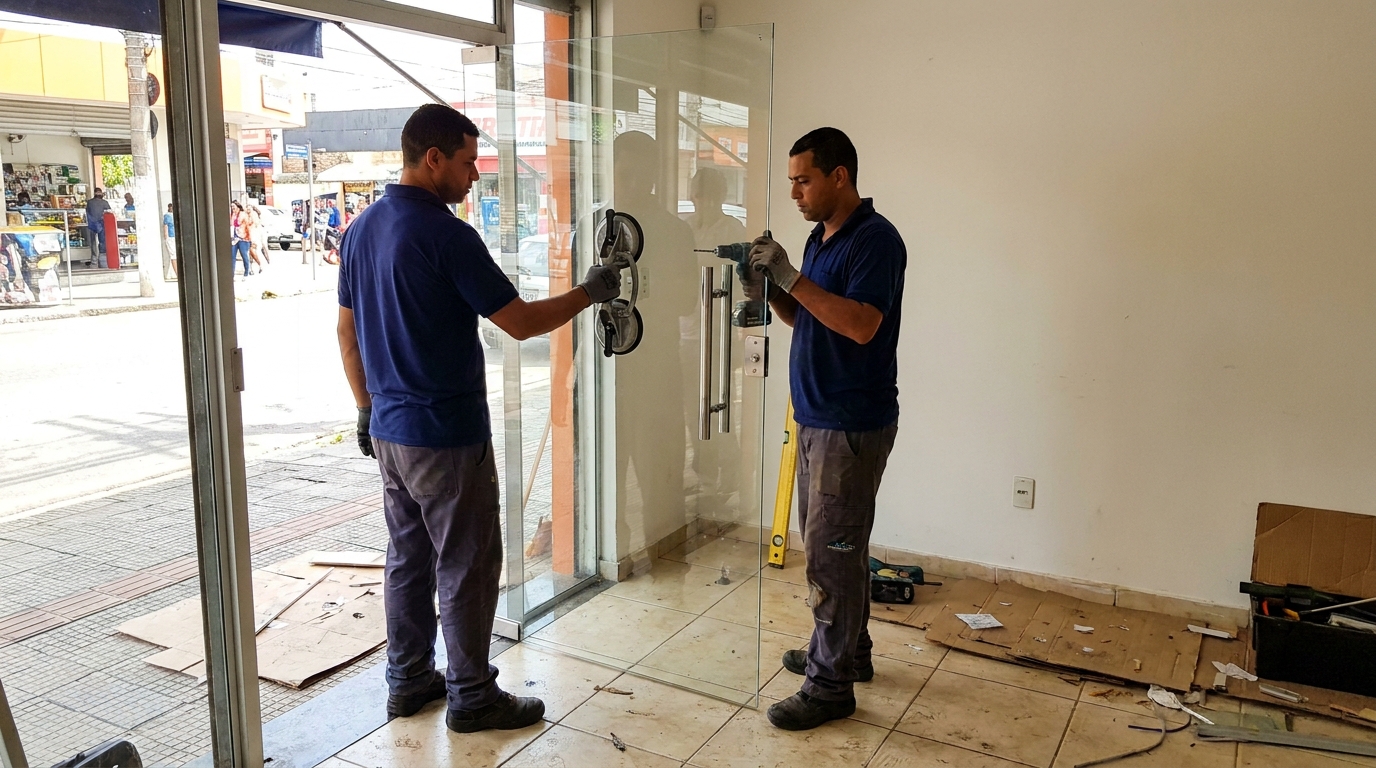 Porta de vidro de loja em rua movimentada em Canoas-RS